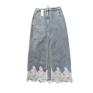 Strut & Bolt Lace Light Wash Denim Long skirt w/Lace Accents;  NWT